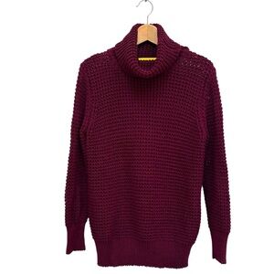 St. John Open Waffle Knit Turtleneck Sweater Classic Preppy Burgundy Wine Size S